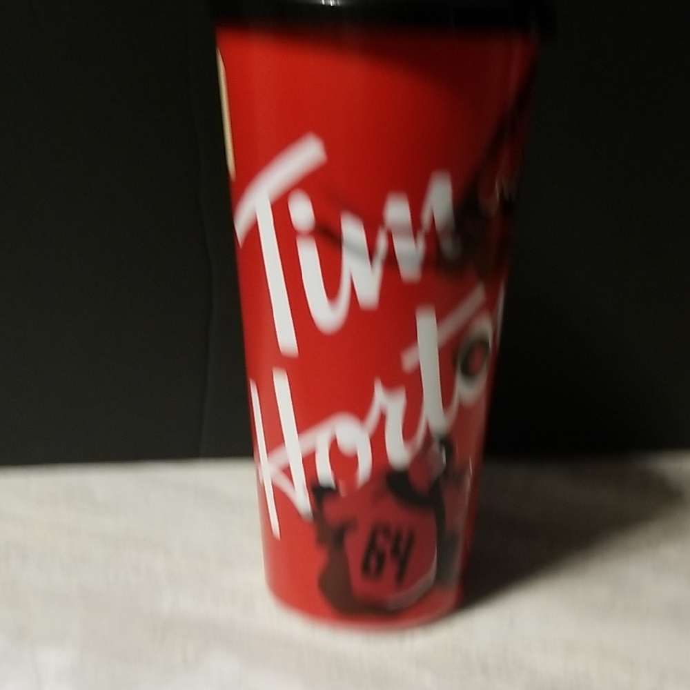 Tim Hortons Red Plastic Hockey Travel Mug